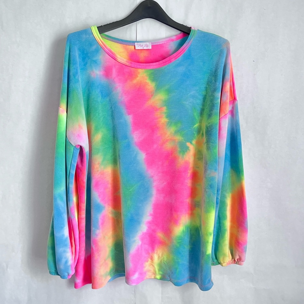 Pink lily neon tie dye pullover tunic XL